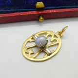 9ct Yellow Gold, Cabochon Moonstone & Diamond Drop Pendant Antique c1930
