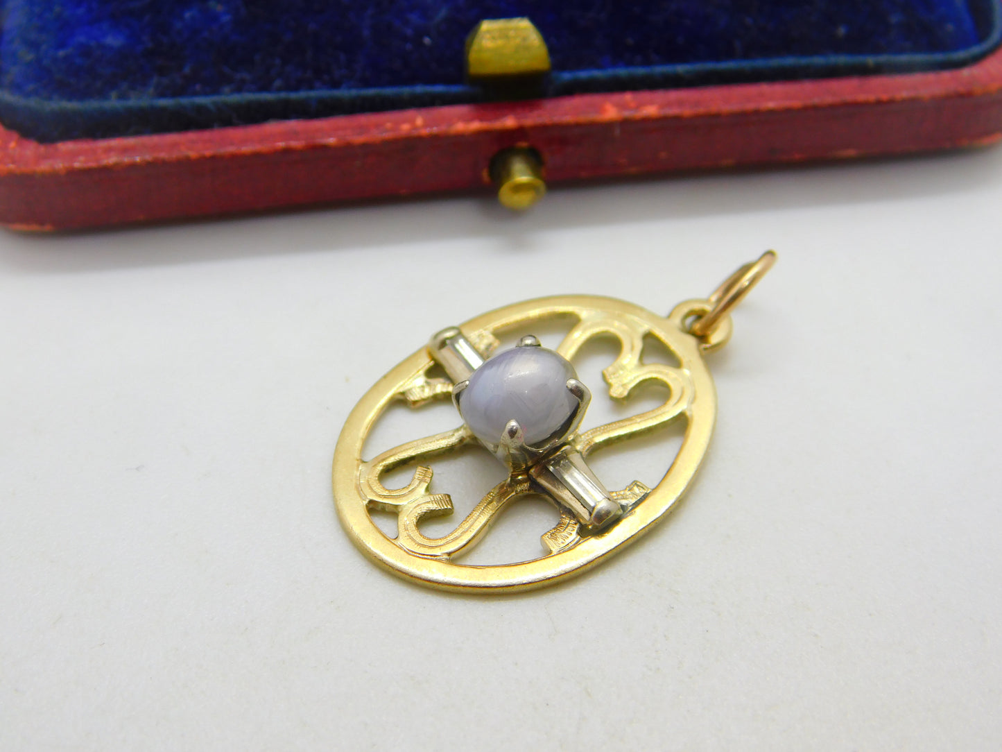 9ct Yellow Gold, Cabochon Moonstone & Diamond Drop Pendant Antique c1930