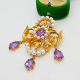 9ct Yellow Gold, Amethyst & Pearl Large Lavalier Drop Pendant Vintage 1971 London