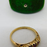 9ct Yellow Gold Three Stone Ruby Boat Ring Vintage c1970 Birmingham