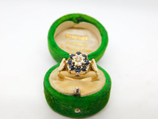 9ct Yellow Gold, Sapphire & Diamond Floral Cluster Ring Vintage 1976 Sheffield