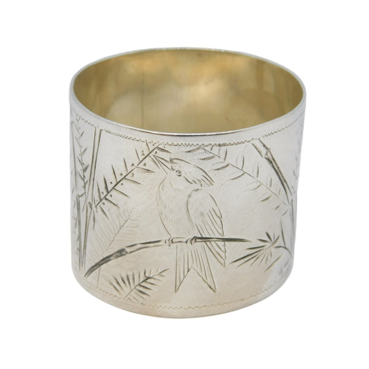 Victorian Sterling Silver Aesthetic Bird Pattern Napkin Ring Antique 1882 London