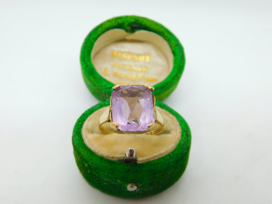 9ct Yellow Gold & Emerald Cut Amethyst Cocktail Ring Vintage 1968 London