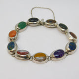 Mexican Sterling Silver Multi-Gem Set Panel Bracelet Vintage c1970
