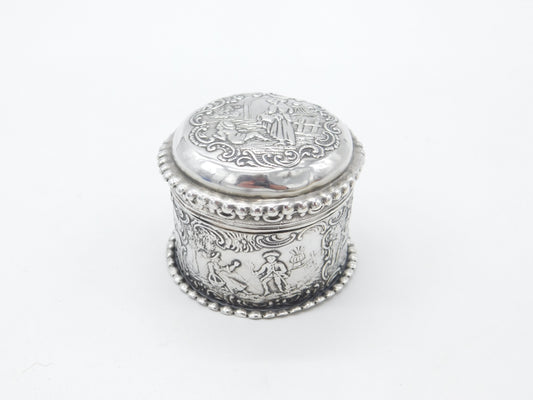 Victorian Sterling Silver Repousse Trinket Box Charming Scenes Antique 1893