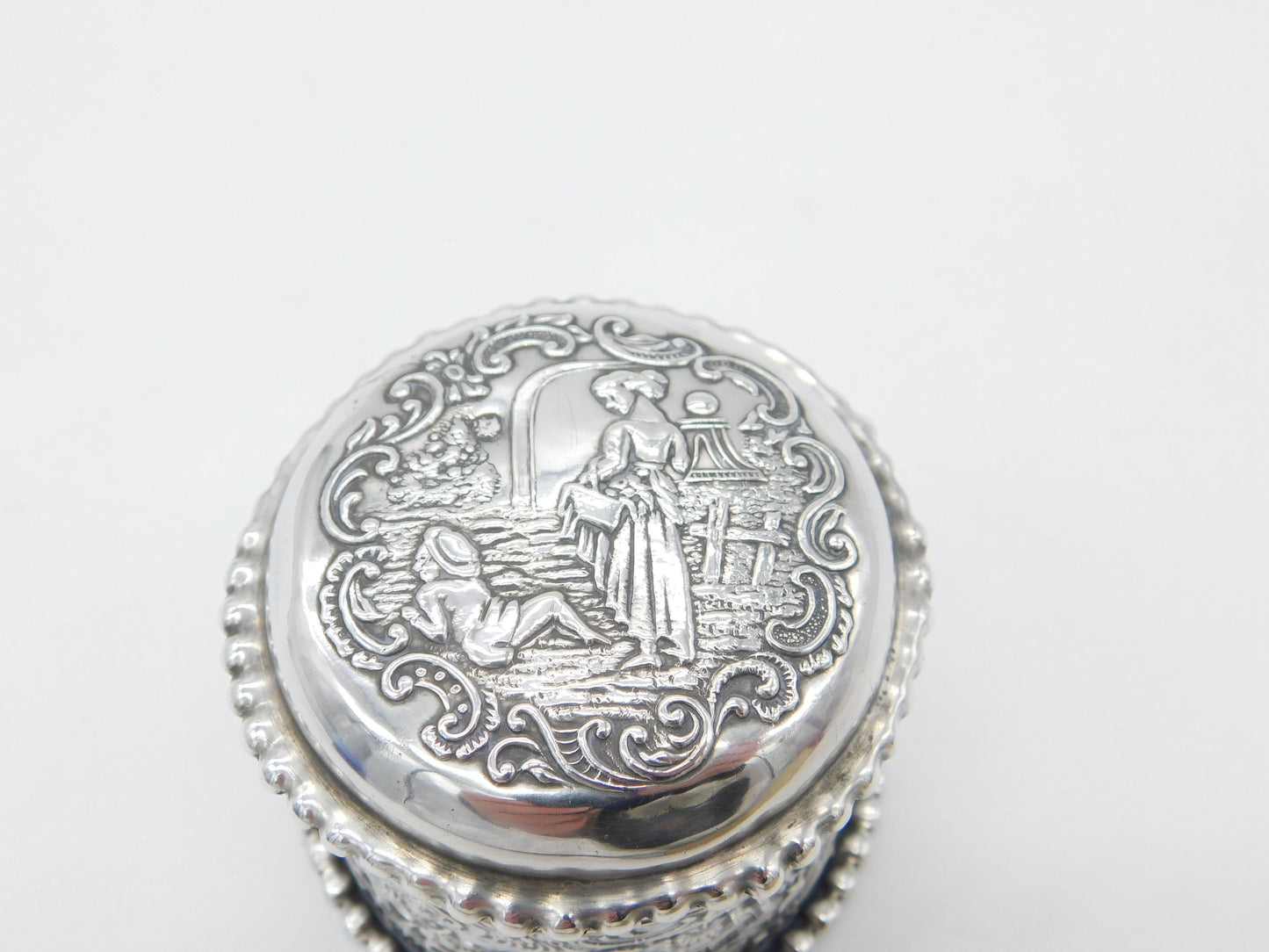 Victorian Sterling Silver Repousse Trinket Box Charming Scenes Antique 1893