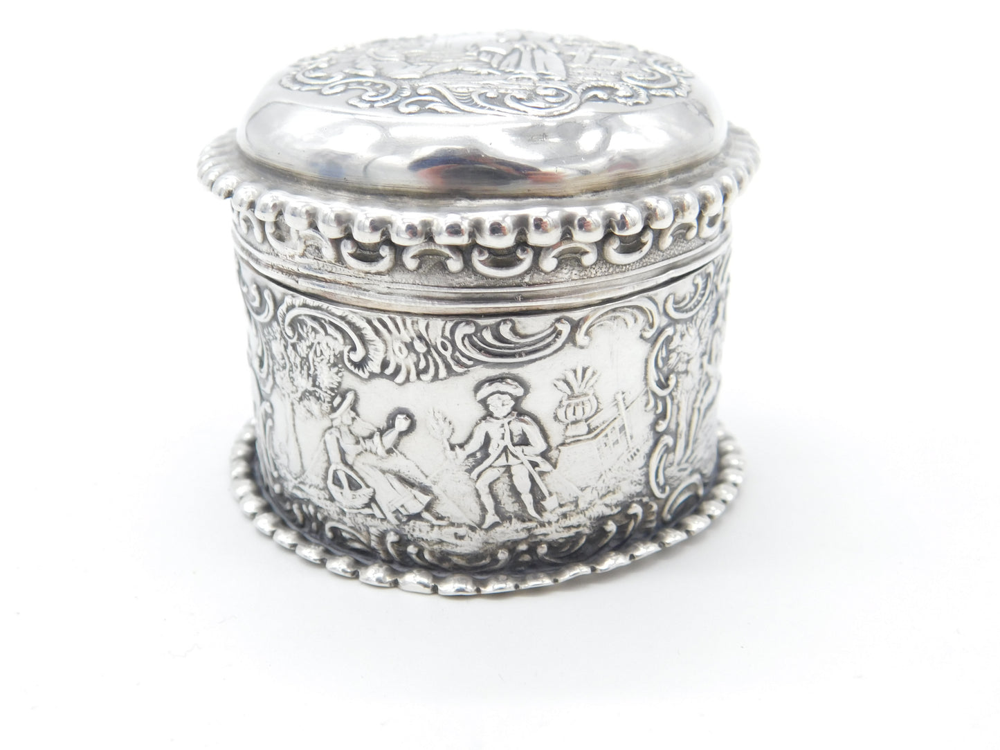 Victorian Sterling Silver Repousse Trinket Box Charming Scenes Antique 1893