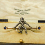 Victorian 9ct Gold & Silver Brilliant Cut Diamond & Sapphire Monkey Brooch c1880s