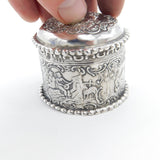 Victorian Sterling Silver Repousse Trinket Box Charming Scenes Antique 1893
