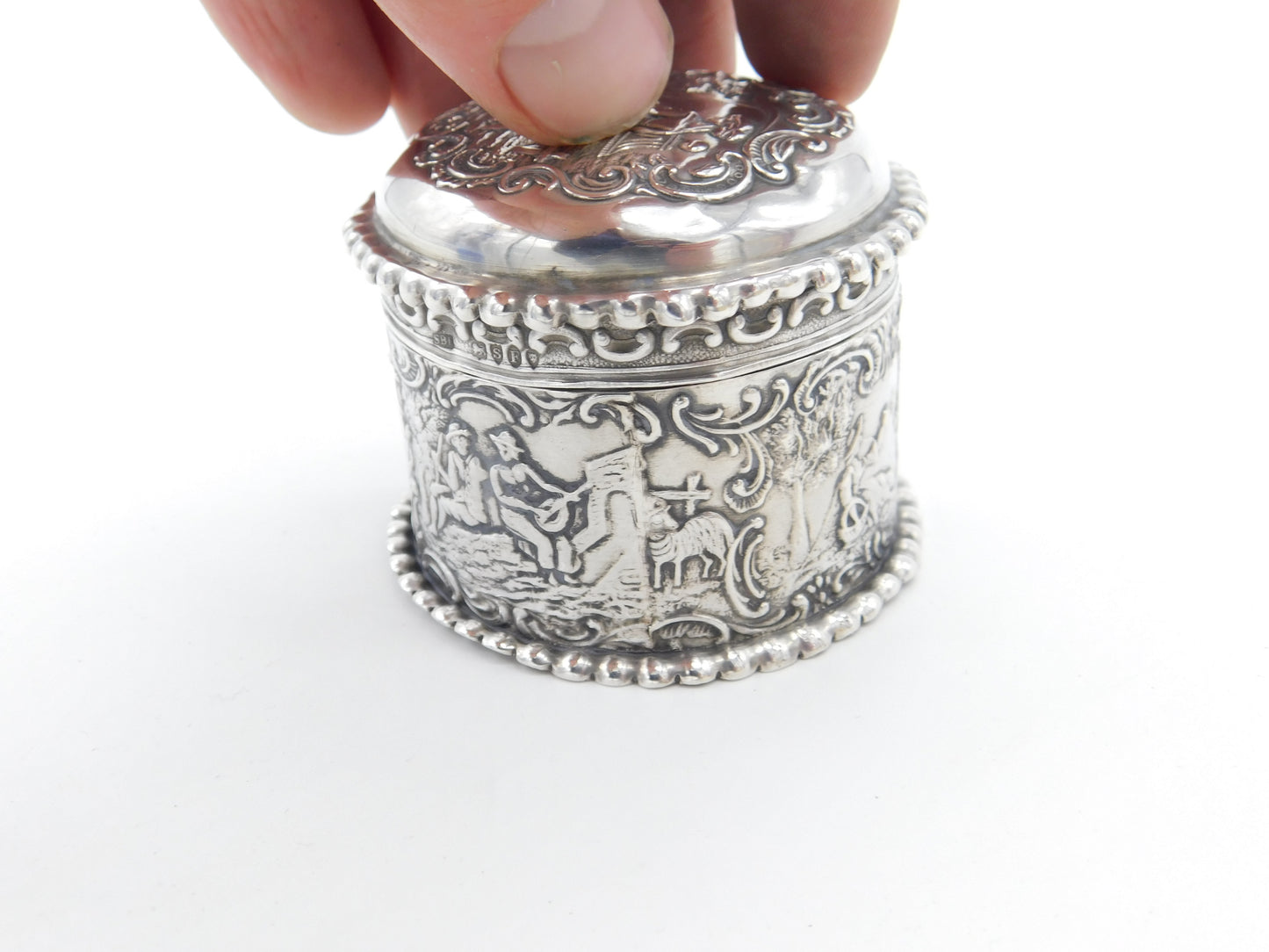 Victorian Sterling Silver Repousse Trinket Box Charming Scenes Antique 1893