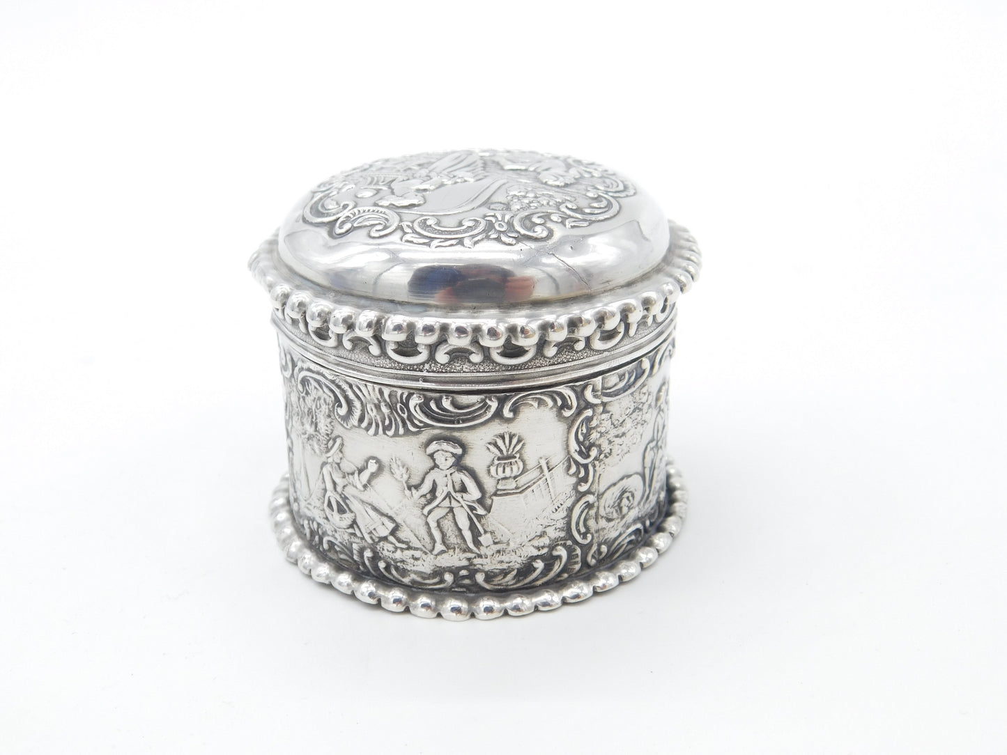 Victorian Sterling Silver Repousse Trinket Box Charming Scenes Antique 1893