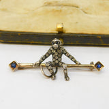 Victorian 9ct Gold & Silver Brilliant Cut Diamond & Sapphire Monkey Brooch c1880s