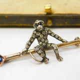 Victorian 9ct Gold & Silver Brilliant Cut Diamond & Sapphire Monkey Brooch c1880s