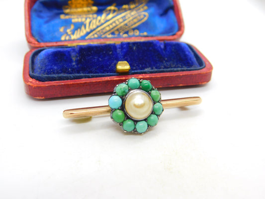 Victorian 9ct Gold, Turquoise & Blistered Pearl Floral Brooch c1880 Antique