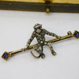 Victorian 9ct Gold & Silver Brilliant Cut Diamond & Sapphire Monkey Brooch c1880s
