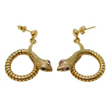 9ct Yellow Gold & Garnet Twisted Snake Drop Earrings Vintage 1987 Birmingham