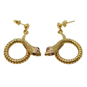 9ct Yellow Gold & Garnet Twisted Snake Drop Earrings Vintage 1987 Birmingham