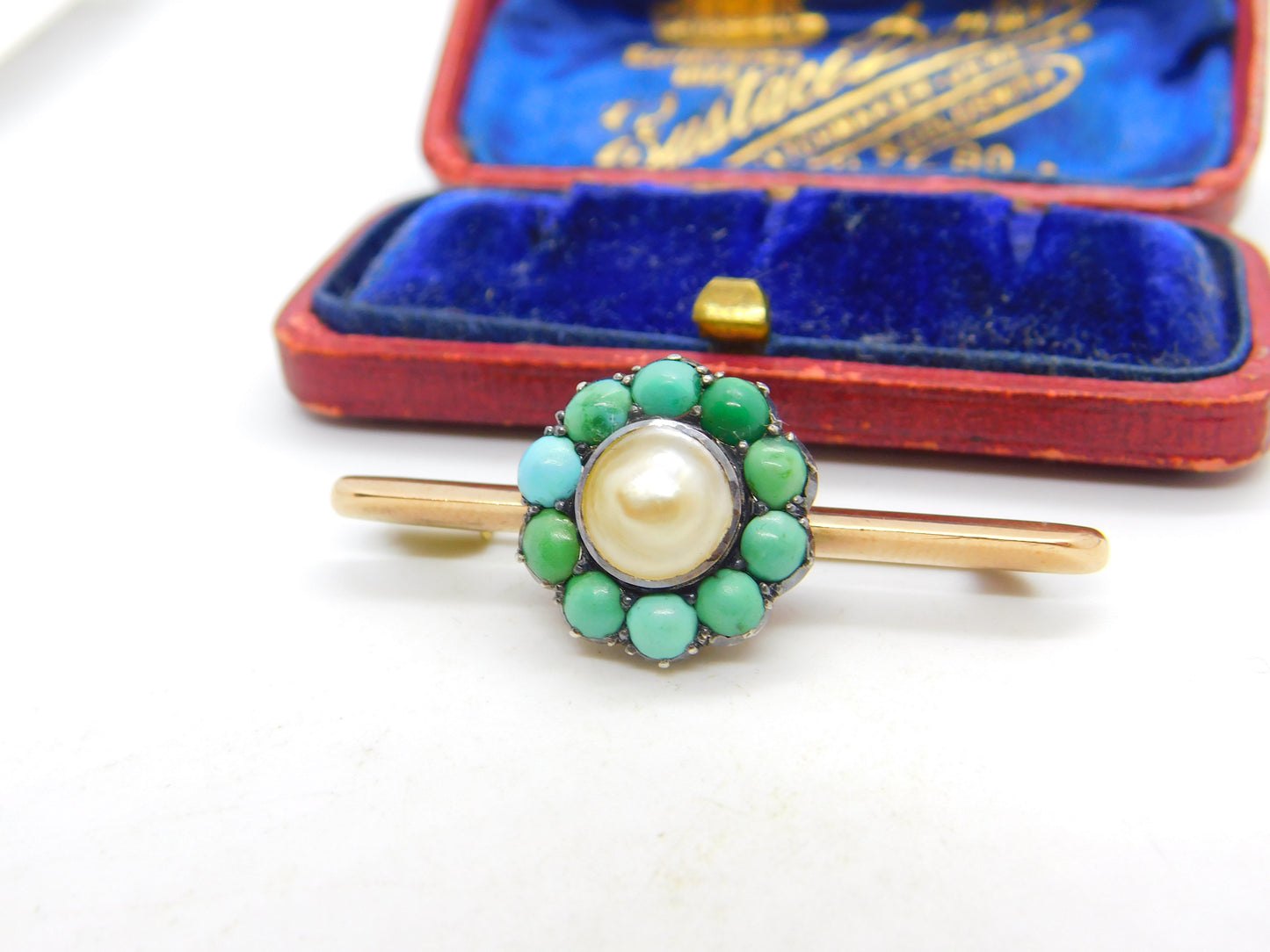 Victorian 9ct Gold, Turquoise & Blistered Pearl Floral Brooch c1880 Antique