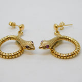 9ct Yellow Gold & Garnet Twisted Snake Drop Earrings Vintage 1987 Birmingham