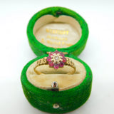 9ct Yellow Gold, Ruby & Diamond Floral Cluster Ring Vintage 1980 London