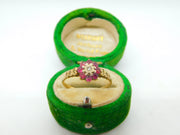 9ct Yellow Gold, Ruby & Diamond Floral Cluster Ring Vintage 1980 London