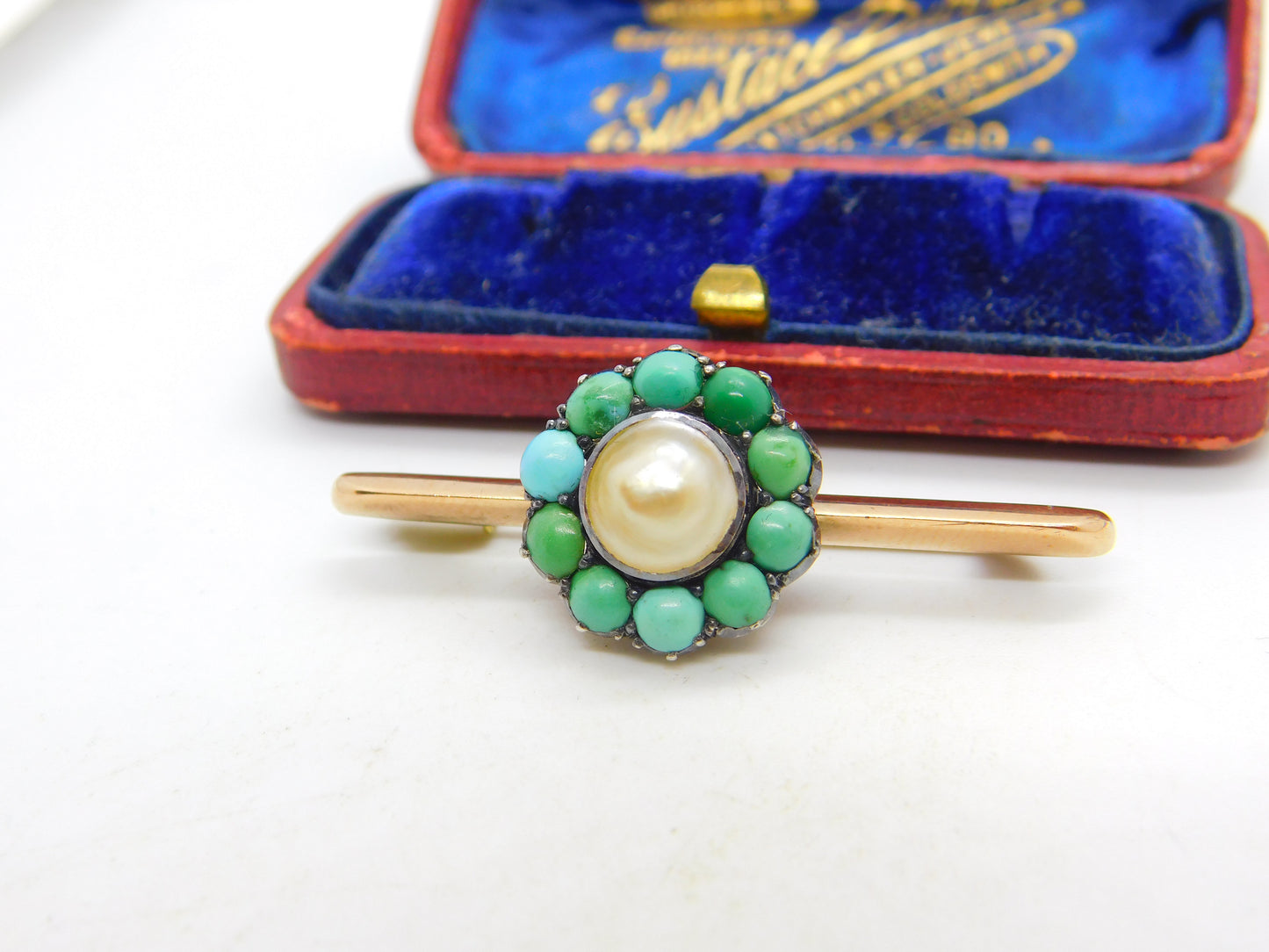 Victorian 9ct Gold, Turquoise & Blistered Pearl Floral Brooch c1880 Antique