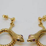 9ct Yellow Gold & Garnet Twisted Snake Drop Earrings Vintage 1987 Birmingham