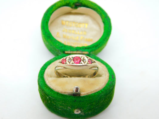 9ct Yellow Gold, Ruby & Seed Pearl Boat Ring Antique 1912 Chester Art Deco