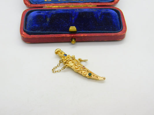 9ct Yellow Gold Jewelled Sword in the Scabbard Charm or Pendant 1968 London