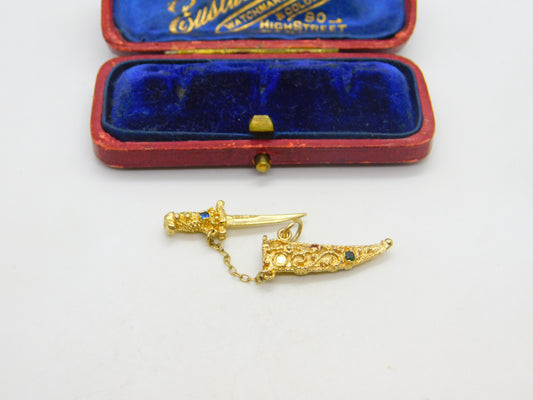 9ct Yellow Gold Jewelled Sword in the Scabbard Charm or Pendant 1968 London