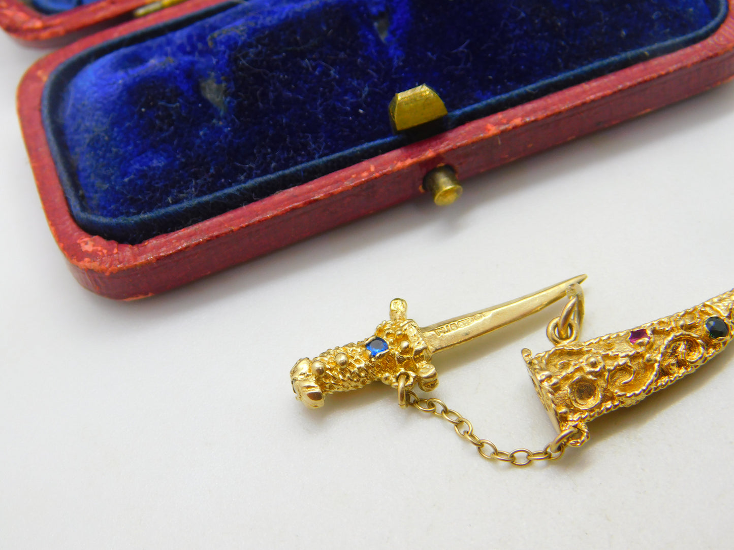 9ct Yellow Gold Jewelled Sword in the Scabbard Charm or Pendant 1968 London