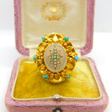 Victorian 18ct Gold, Turquoise, Pearl & Chalcedony Starburst Dress Ring Antique