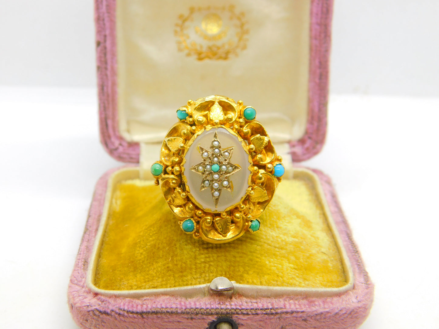 Victorian 18ct Gold, Turquoise, Pearl & Chalcedony Starburst Dress Ring Antique