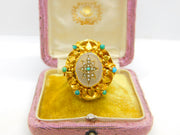 Victorian 18ct Gold, Turquoise, Pearl & Chalcedony Starburst Dress Ring Antique
