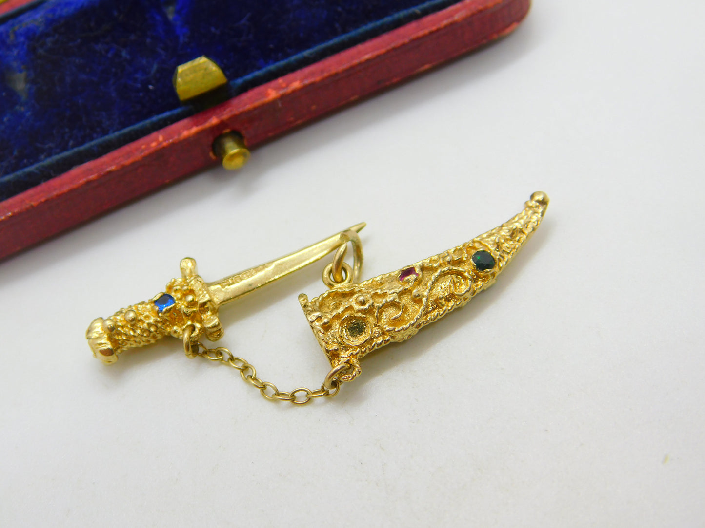 9ct Yellow Gold Jewelled Sword in the Scabbard Charm or Pendant 1968 London