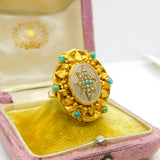 Victorian 18ct Gold, Turquoise, Pearl & Chalcedony Starburst Dress Ring Antique