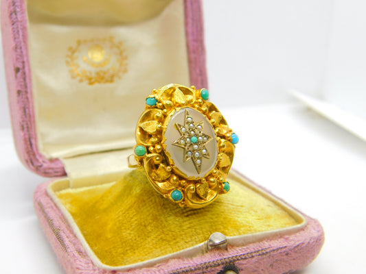 Victorian 18ct Gold, Turquoise, Pearl & Chalcedony Starburst Dress Ring Antique