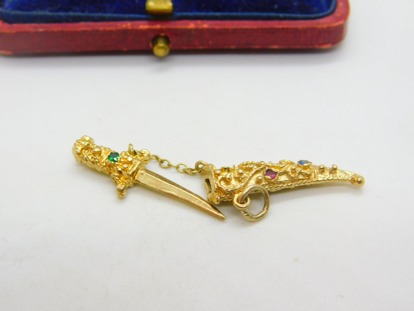 9ct Yellow Gold Jewelled Sword in the Scabbard Charm or Pendant 1968 London