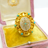 Victorian 18ct Gold, Turquoise, Pearl & Chalcedony Starburst Dress Ring Antique