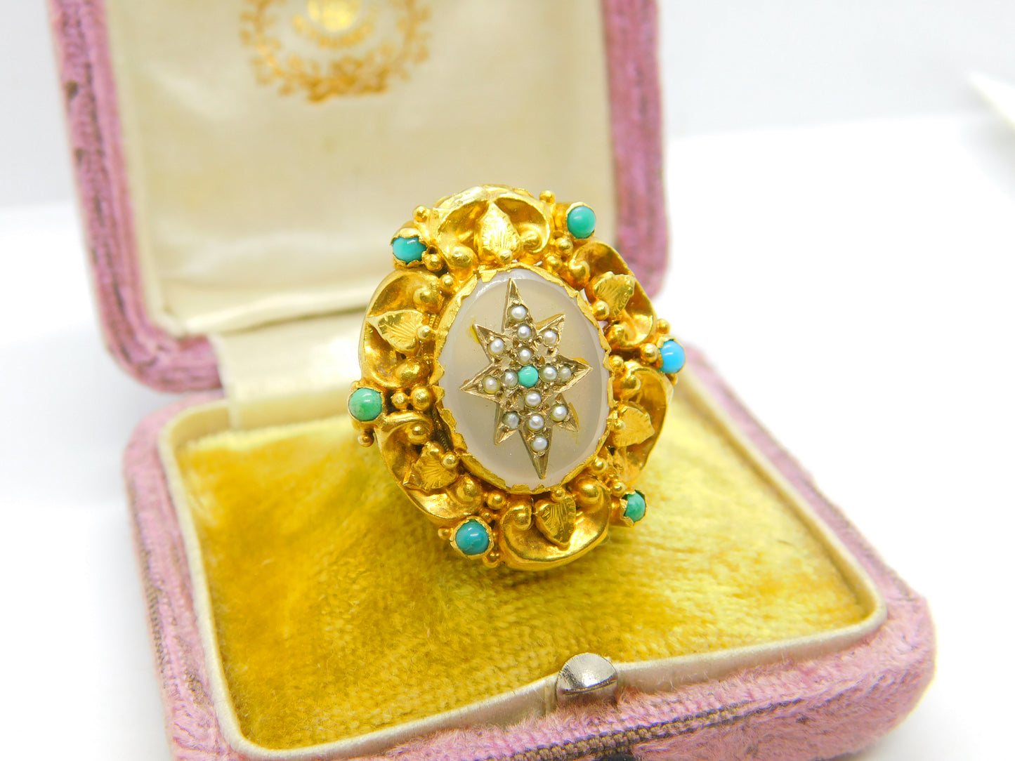 Victorian 18ct Gold, Turquoise, Pearl & Chalcedony Starburst Dress Ring Antique