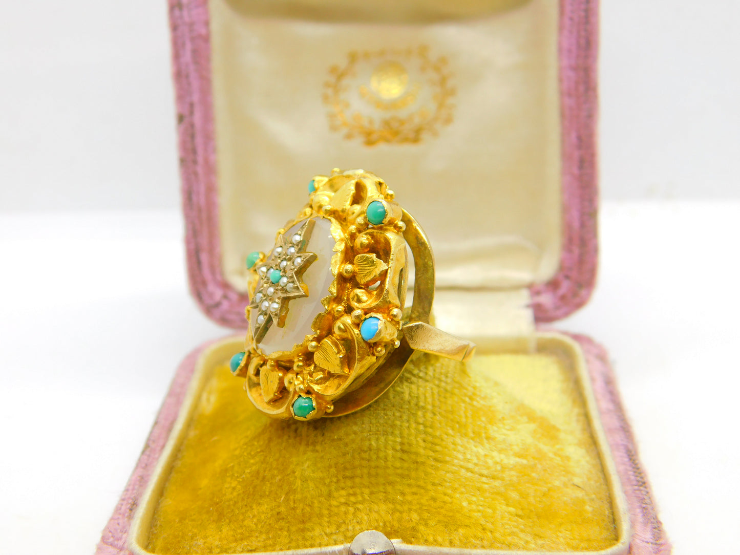 Victorian 18ct Gold, Turquoise, Pearl & Chalcedony Starburst Dress Ring Antique