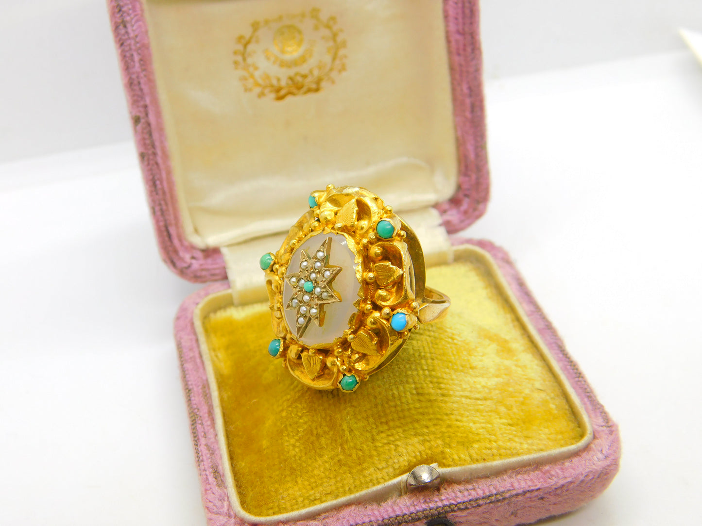 Victorian 18ct Gold, Turquoise, Pearl & Chalcedony Starburst Dress Ring Antique