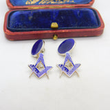 Pair of Sterling Silver Blue Enamel Masonic Compass Cufflinks Vintage c1960