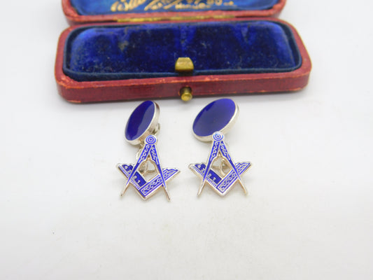 Pair of Sterling Silver Blue Enamel Masonic Compass Cufflinks Vintage c1960
