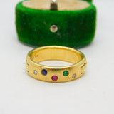 18ct Yellow Gold, Diamond, Emerald, Ruby & Sapphire Dress Ring Vintage c1990