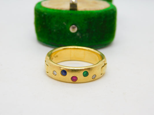 18ct Yellow Gold, Diamond, Emerald, Ruby & Sapphire Dress Ring Vintage c1990