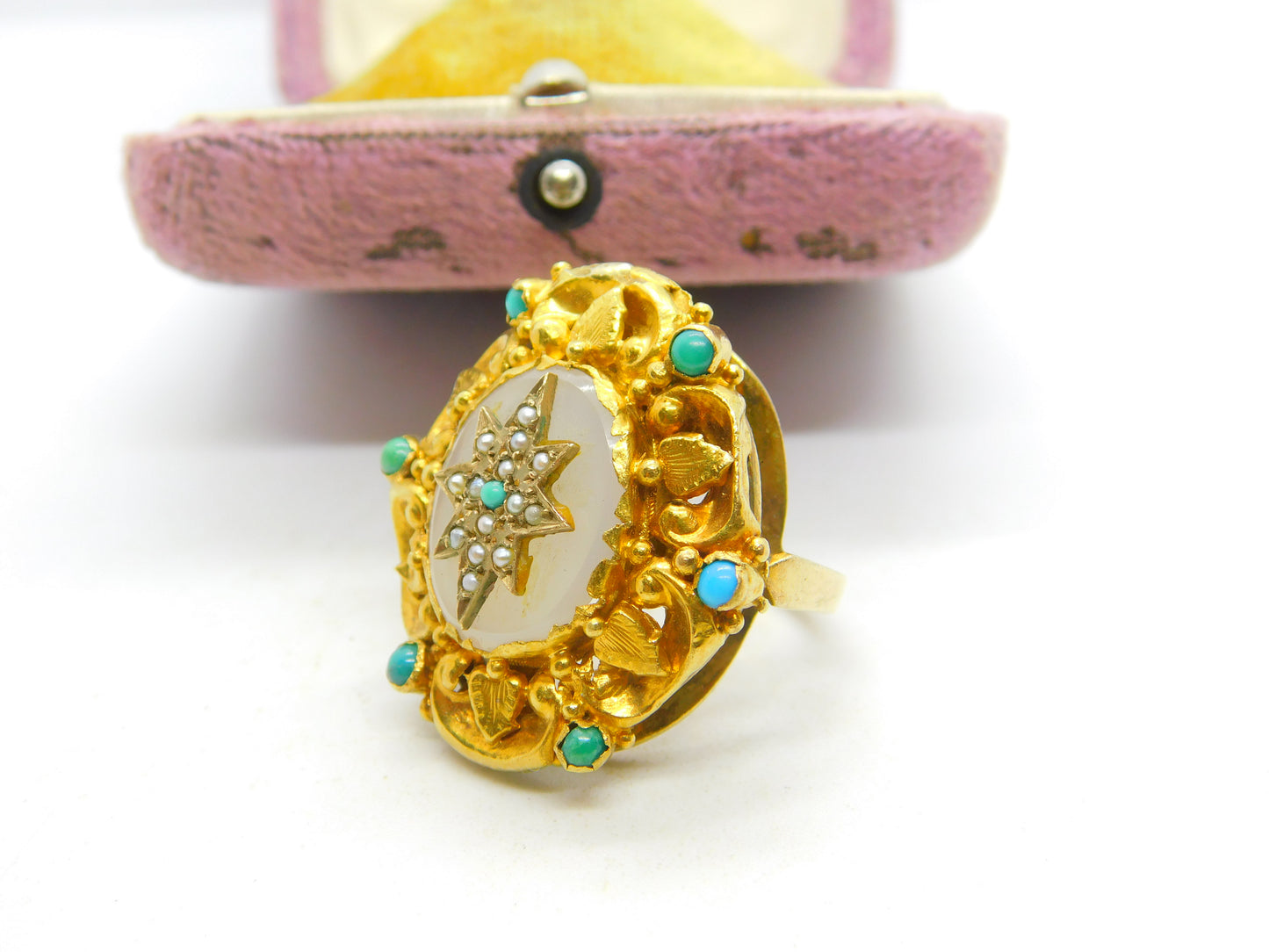 Victorian 18ct Gold, Turquoise, Pearl & Chalcedony Starburst Dress Ring Antique