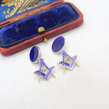 Pair of Sterling Silver Blue Enamel Masonic Compass Cufflinks Vintage c1960