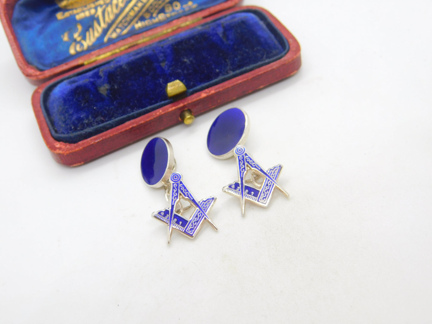 Pair of Sterling Silver Blue Enamel Masonic Compass Cufflinks Vintage c1960