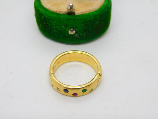 18ct Yellow Gold, Diamond, Emerald, Ruby & Sapphire Dress Ring Vintage c1990